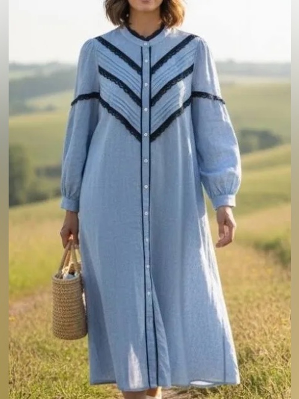 Pomander Place Light Blue Shirt Dress with Navy Lace Trim - Picture 2 of 7